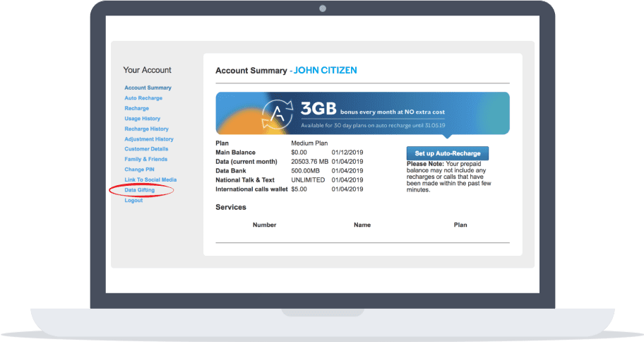 Account summary data gifting sample desktop view
