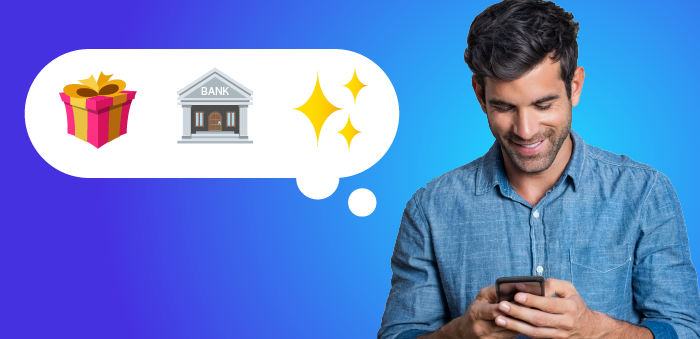Man holding phone with thought cloud, holding emojis of gift, bank, and stars.